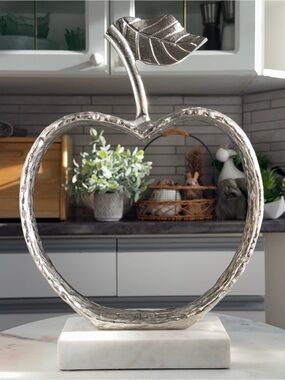 Decorative Metallic Apple Sculpture - Silver on Marble Base